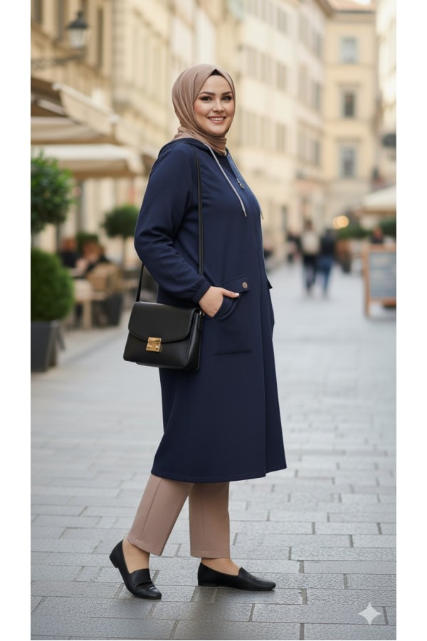 Yonca Düğmeli Cep Detaylı Ayrobin Kap - Lacivert 