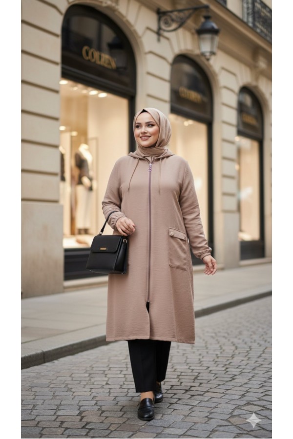 Yonca Düğmeli Cep Detaylı Ayrobin Kap - Vizon