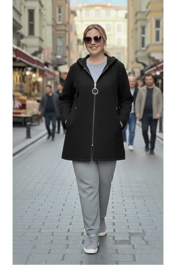 Parla Kapüşonlu Fermuarlı Kısa Polar Ceket-Siyah 