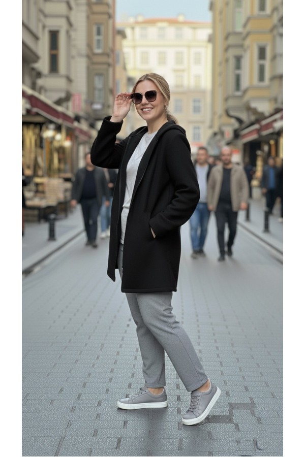 Parla Kapüşonlu Fermuarlı Kısa Polar Ceket-Siyah 