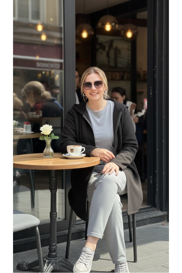 Parla Kapüşonlu Fermuarlı Kısa Polar Ceket-Siyah 