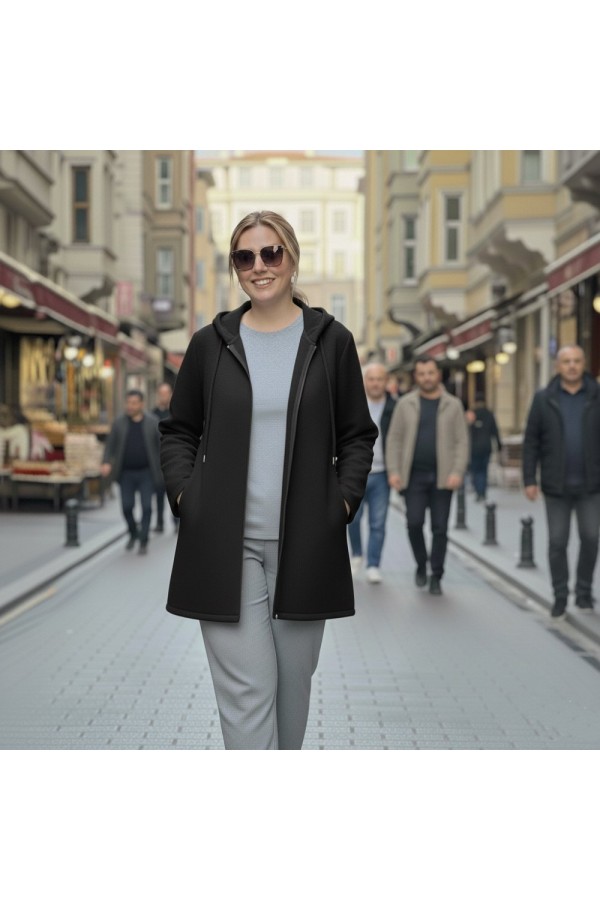 Parla Kapüşonlu Fermuarlı Kısa Polar Ceket-Siyah 