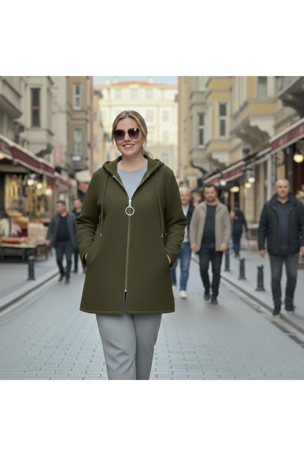 Parla Kapüşonlu Fermuarlı Kısa Polar Ceket- Haki Parla Kapüşonlu Fermuarlı Kısa Polar Ceket- Haki