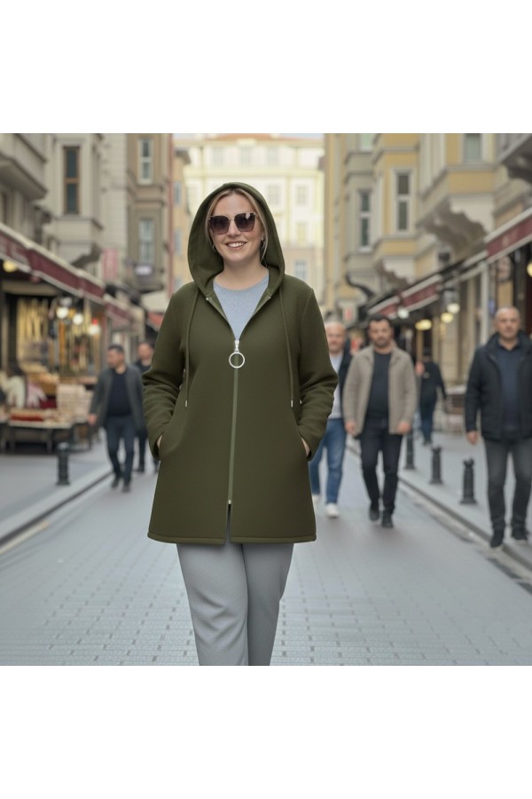 Parla Kapüşonlu Fermuarlı Kısa Polar Ceket- Haki Parla Kapüşonlu Fermuarlı Kısa Polar Ceket- Haki