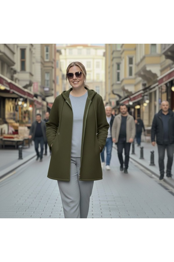 Parla Kapüşonlu Fermuarlı Kısa Polar Ceket- Haki Parla Kapüşonlu Fermuarlı Kısa Polar Ceket- Haki