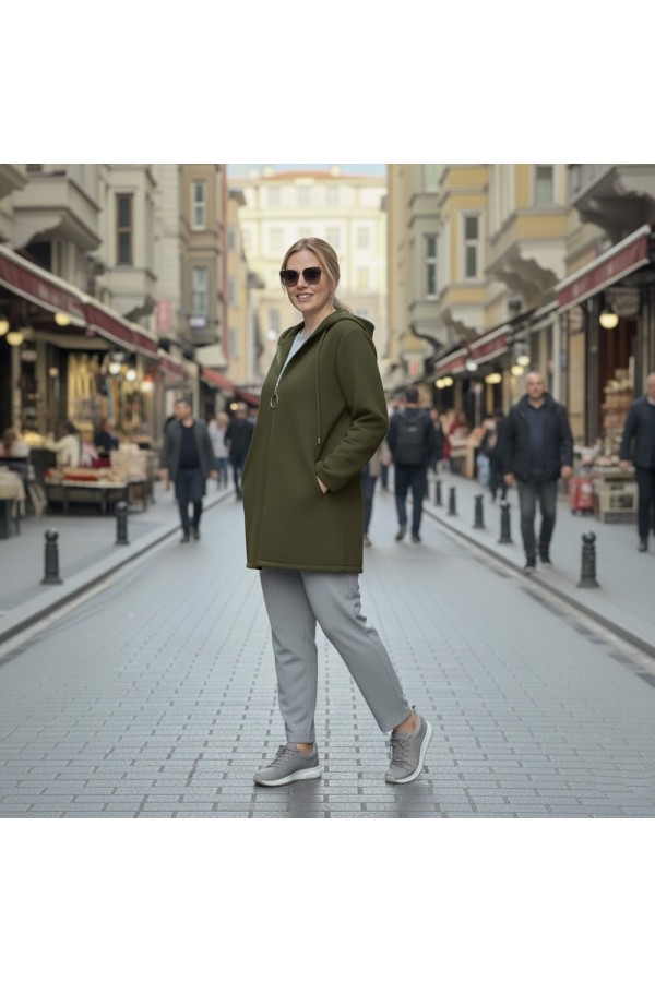 Parla Kapüşonlu Fermuarlı Kısa Polar Ceket- Haki Parla Kapüşonlu Fermuarlı Kısa Polar Ceket- Haki