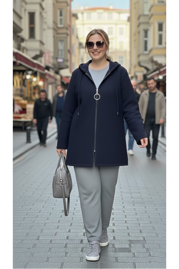 Parla Kapüşonlu Fermuarlı Kısa Polar Ceket- Lacivert Parla Kapüşonlu Fermuarlı Kısa Polar Ceket- Lacivert