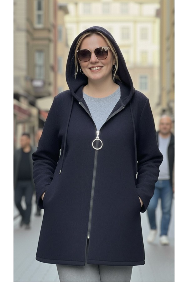 Parla Kapüşonlu Fermuarlı Kısa Polar Ceket- Lacivert Parla Kapüşonlu Fermuarlı Kısa Polar Ceket- Lacivert