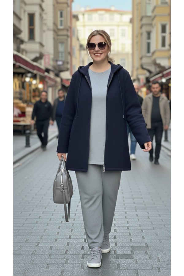 Parla Kapüşonlu Fermuarlı Kısa Polar Ceket- Lacivert Parla Kapüşonlu Fermuarlı Kısa Polar Ceket- Lacivert