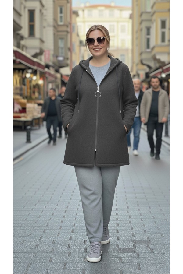 Parla Kapüşonlu Fermuarlı Kısa Polar Ceket- Antrasit