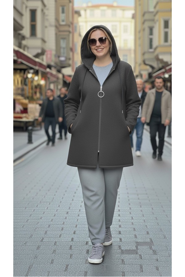 Parla Kapüşonlu Fermuarlı Kısa Polar Ceket- Antrasit