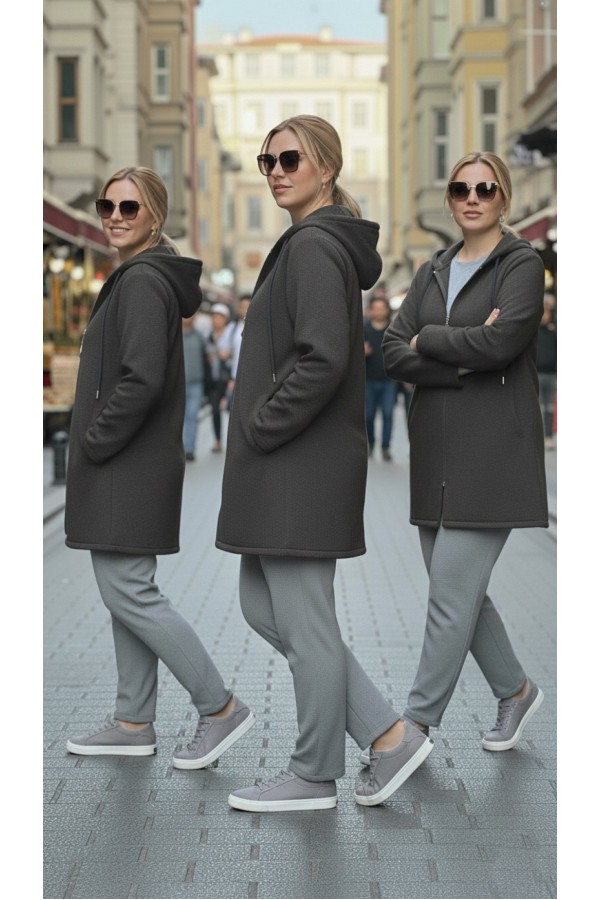 Parla Kapüşonlu Fermuarlı Kısa Polar Ceket- Antrasit