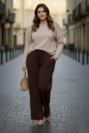 Elmas Beli Lastikli Bol Paça Pantolon- Kahverengi