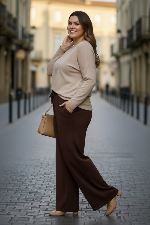 Elmas Beli Lastikli Bol Paça Pantolon- Kahverengi Elmas Beli Lastikli Bol Paça Pantolon- Kahverengi