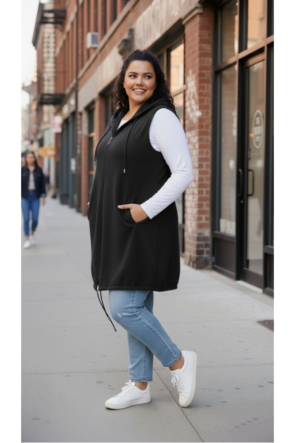 Ayça Kapüşonlu Uzun Polar Yelek - Siyah