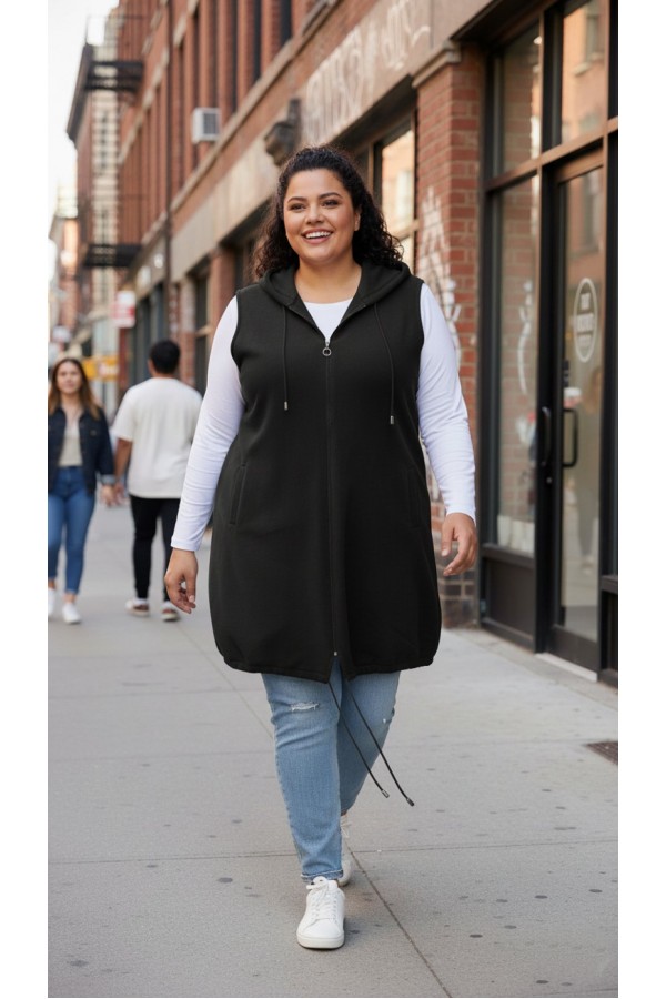 Ayça Kapüşonlu Uzun Polar Yelek - Siyah