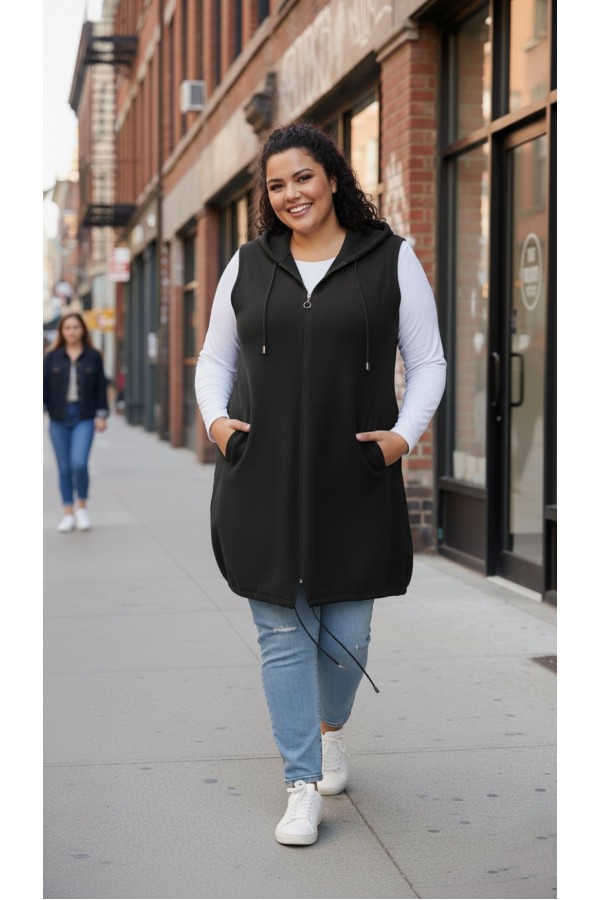 Ayça Kapüşonlu Uzun Polar Yelek - Siyah