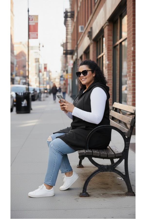 Ayça Kapüşonlu Uzun Polar Yelek - Siyah