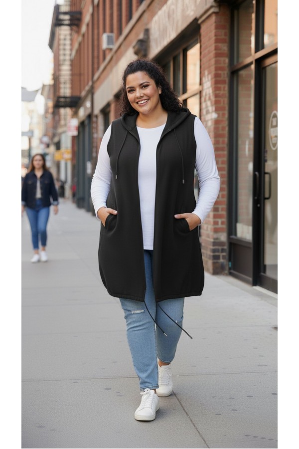 Ayça Kapüşonlu Uzun Polar Yelek - Siyah