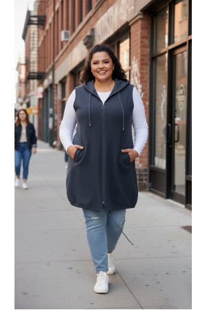 Ayça Kapüşonlu Uzun Polar Yelek - Antrasit