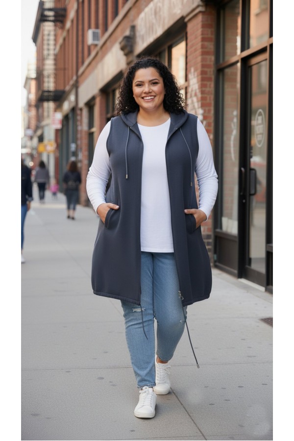 Ayça Kapüşonlu Uzun Polar Yelek - Antrasit