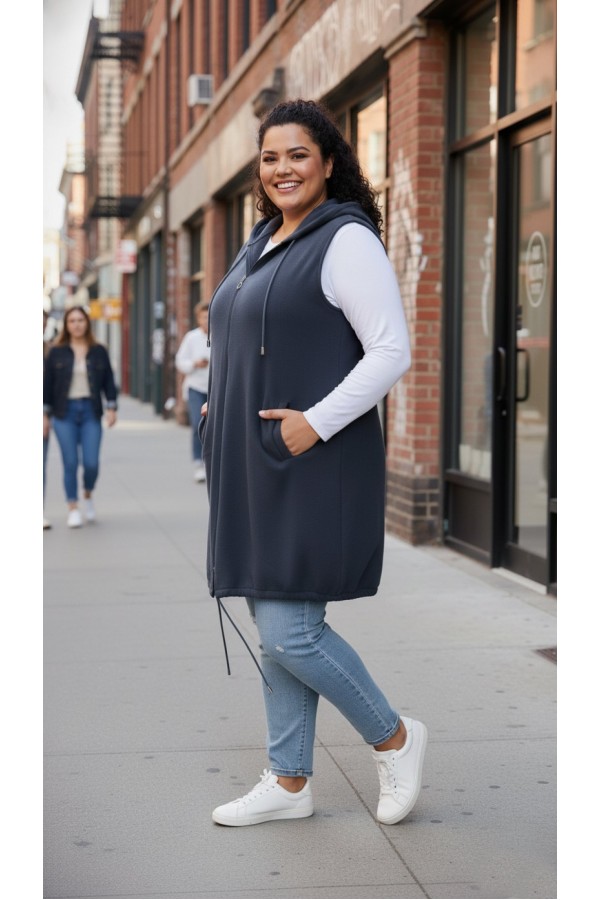 Ayça Kapüşonlu Uzun Polar Yelek - Antrasit
