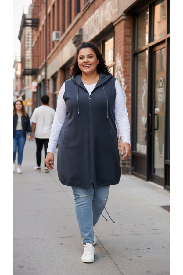 Ayça Kapüşonlu Uzun Polar Yelek - Antrasit