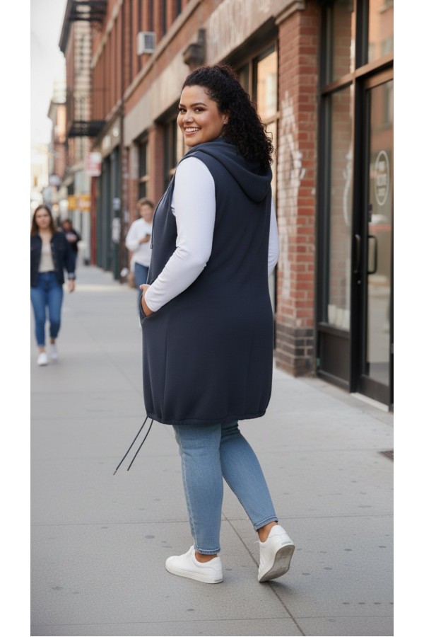 Ayça Kapüşonlu Uzun Polar Yelek - Antrasit