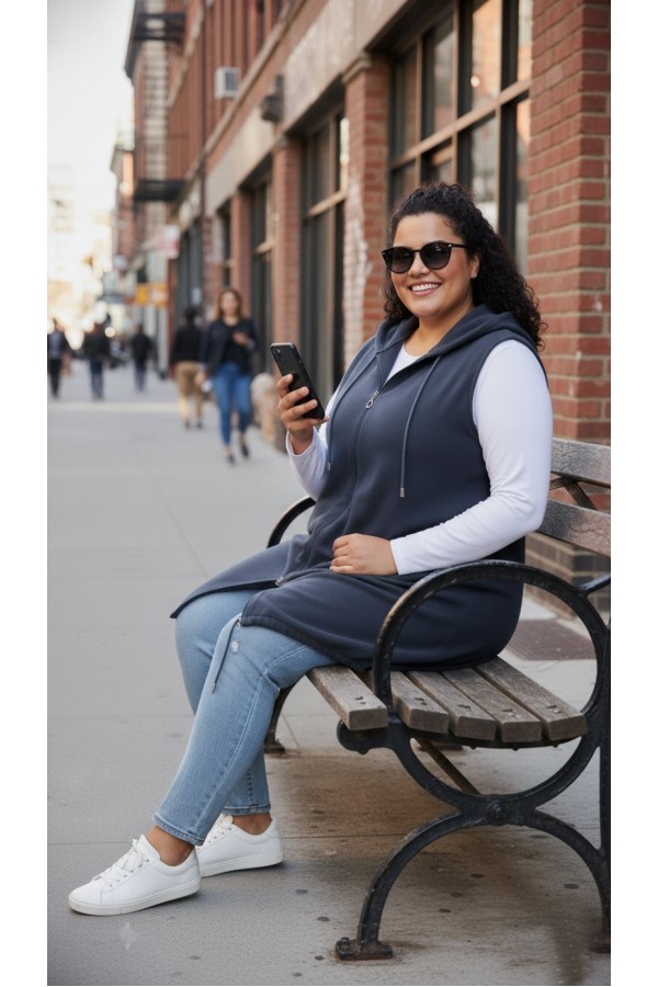 Ayça Kapüşonlu Uzun Polar Yelek - Antrasit