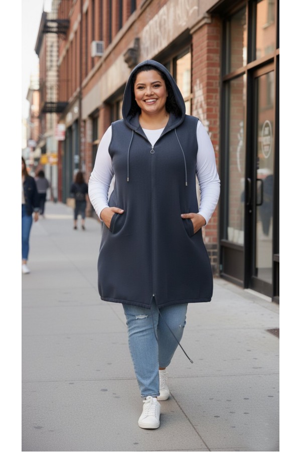 Ayça Kapüşonlu Uzun Polar Yelek - Antrasit