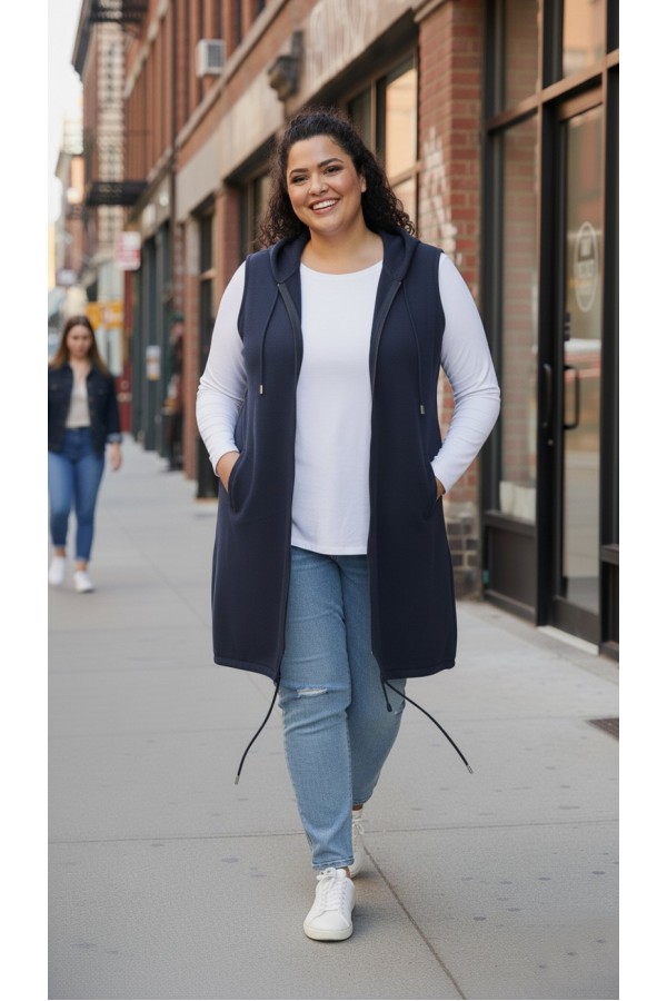 Ayça Kapüşonlu Uzun Polar Yelek - Lacivert