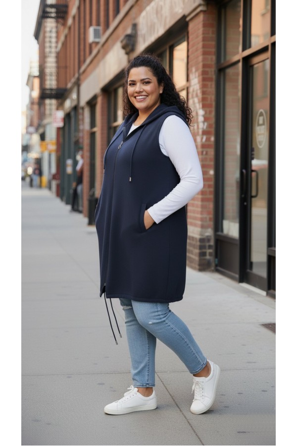 Ayça Kapüşonlu Uzun Polar Yelek - Lacivert