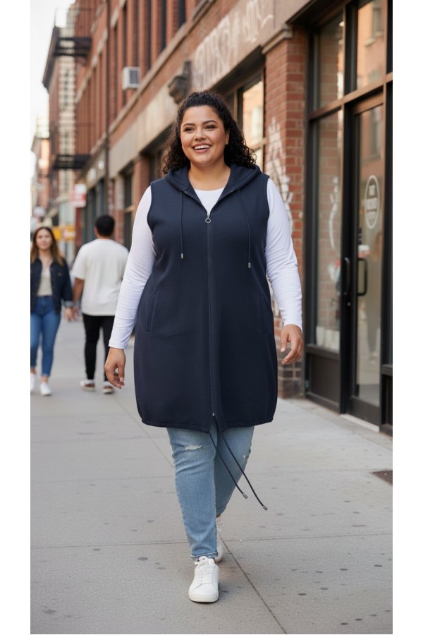 Ayça Kapüşonlu Uzun Polar Yelek - Lacivert