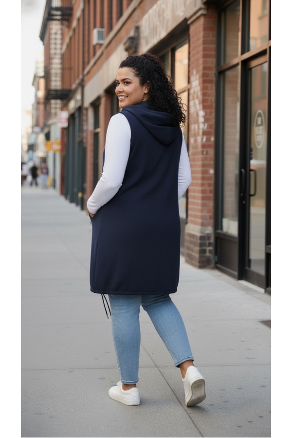 Ayça Kapüşonlu Uzun Polar Yelek - Lacivert