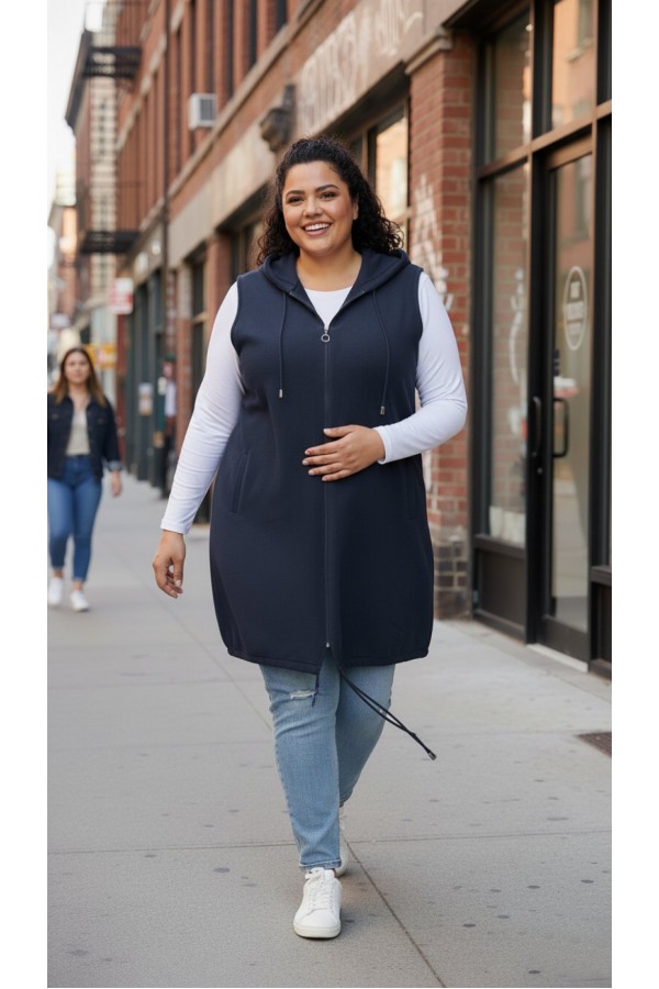 Ayça Kapüşonlu Uzun Polar Yelek - Lacivert