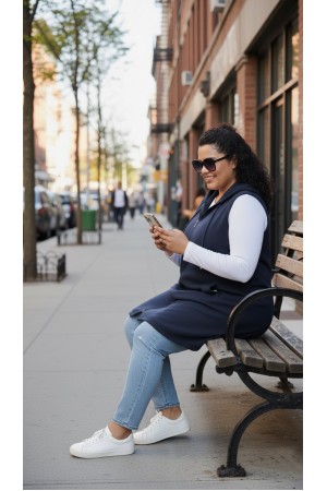 Ayça Kapüşonlu Uzun Polar Yelek - Lacivert