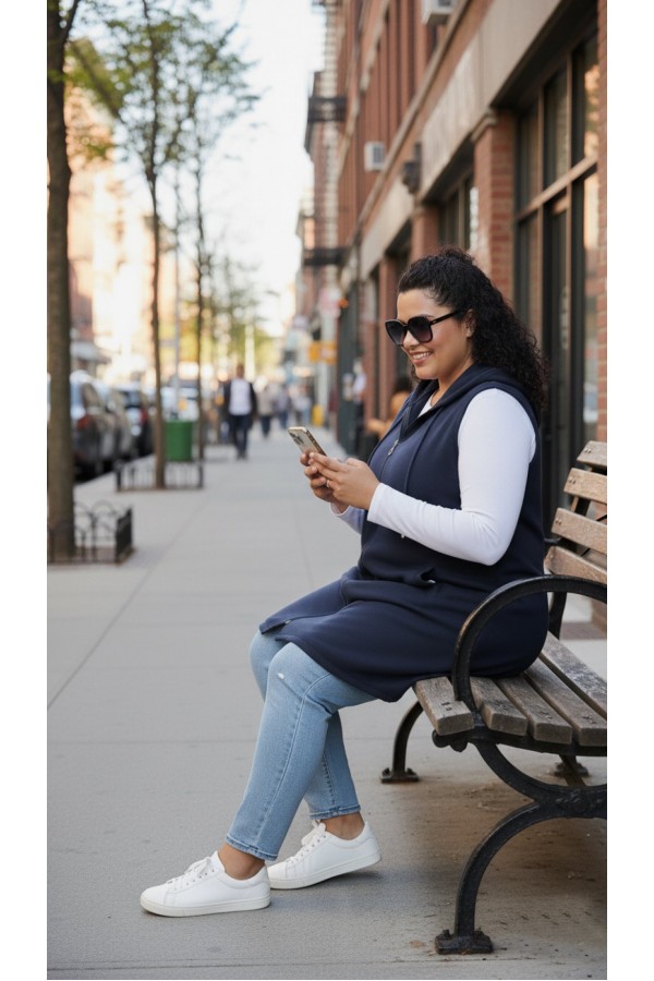 Ayça Kapüşonlu Uzun Polar Yelek - Lacivert