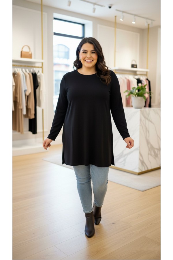 Ahu Oyşo İki İplik Penye Tunik - Siyah 