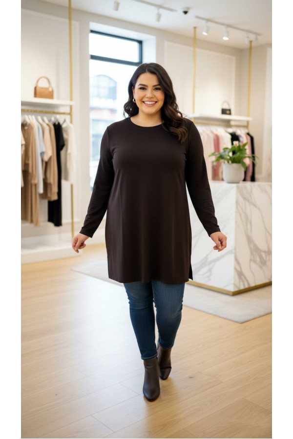 Ahu Oyşo İki İplik Penye Tunik - Kahverengi