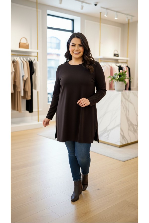 Ahu Oyşo İki İplik Penye Tunik - Kahverengi