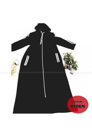 Büyük Beden Kapşonlu Şerit Detaylı Kap Siyah Büyük Beden Kapşonlu Şerit Detaylı Kap Siyah