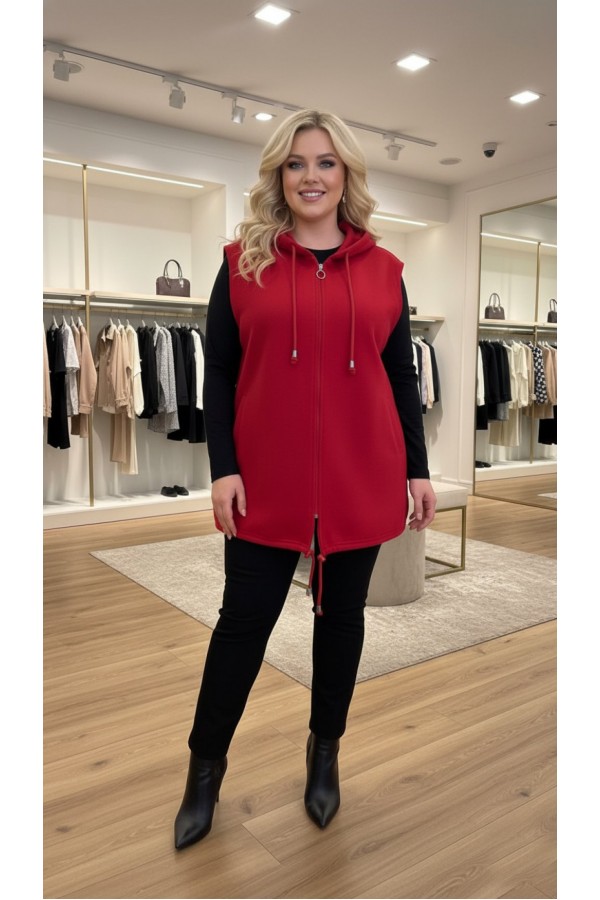 Yeliz Kapüşonlu Kısa Polar Yelek - Kırmızı