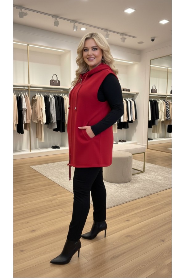 Yeliz Kapüşonlu Kısa Polar Yelek - Kırmızı