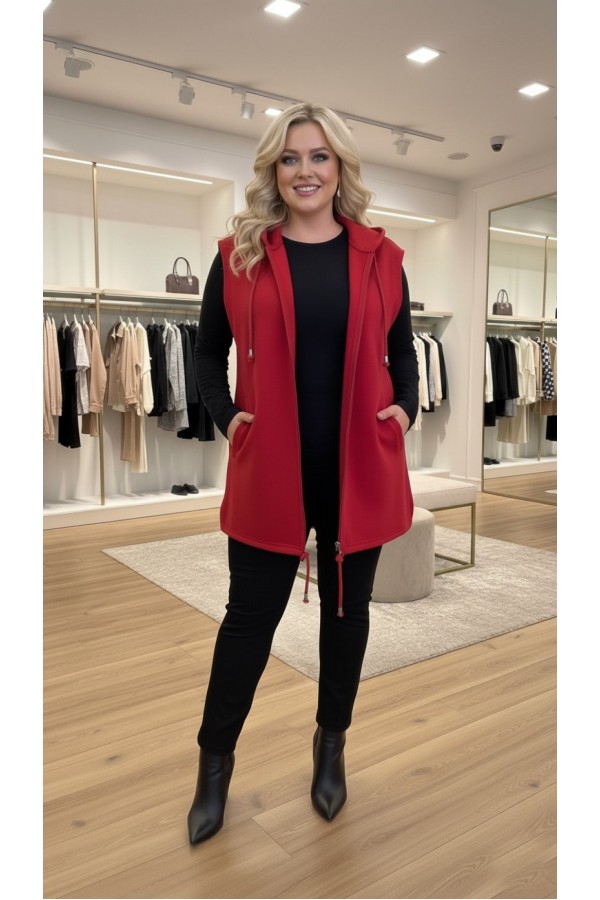 Yeliz Kapüşonlu Kısa Polar Yelek - Kırmızı