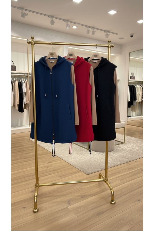 Yeliz Kapüşonlu Kısa Polar Yelek - Kırmızı