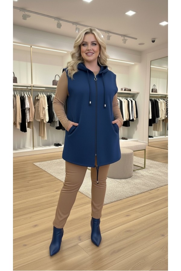 Yeliz Kapüşonlu Kısa Polar Yelek - İndigo