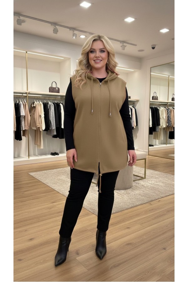 Yeliz Kapüşonlu Kısa Polar Yelek - Vizon