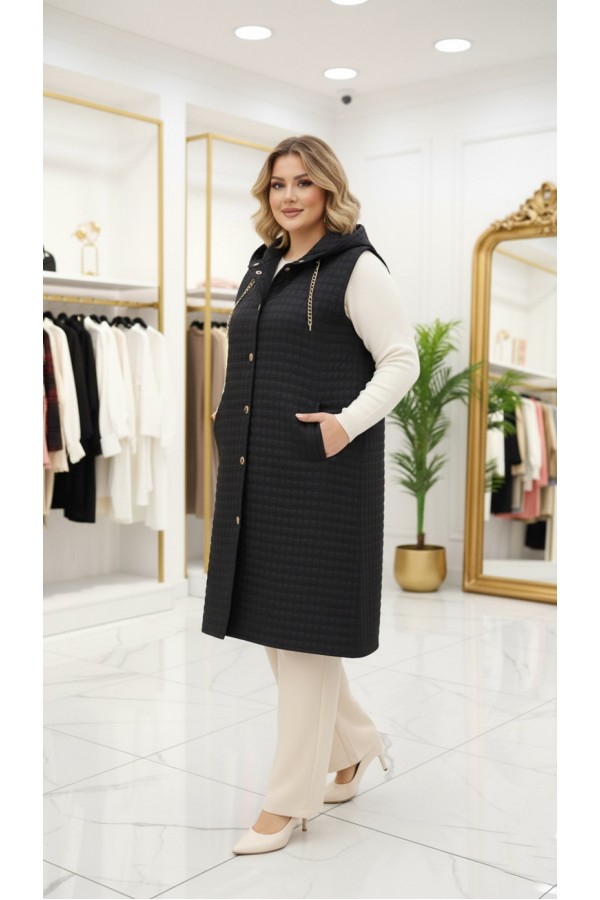 Türkan Kapüşonu Çıkabilir Kapitone Yelek - Siyah 