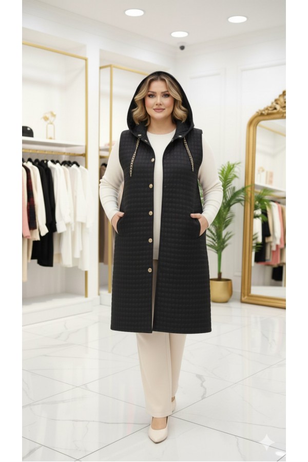 Türkan Kapüşonu Çıkabilir Kapitone Yelek - Siyah 