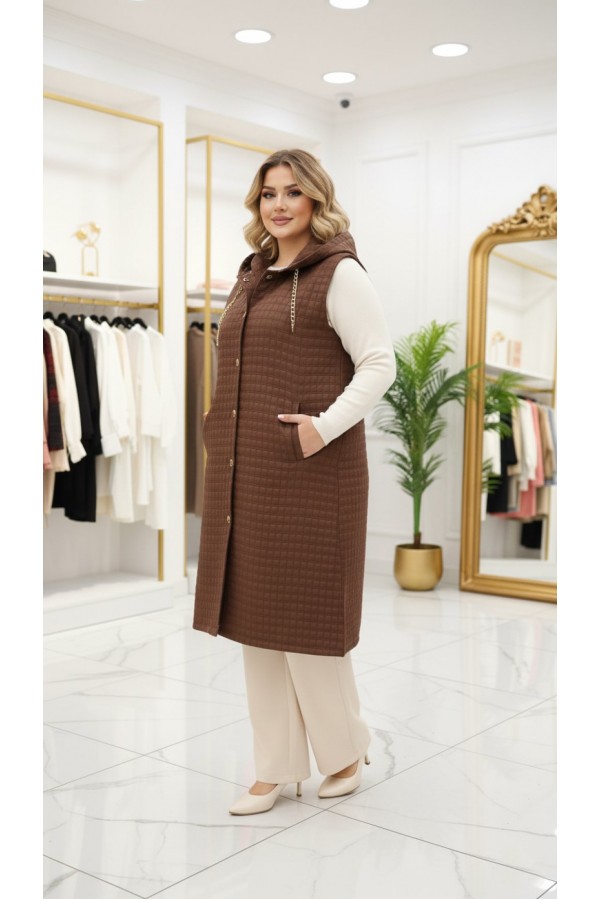 Türkan Kapüşonu Çıkabilir Kapitone Yelek - Kahverengi 